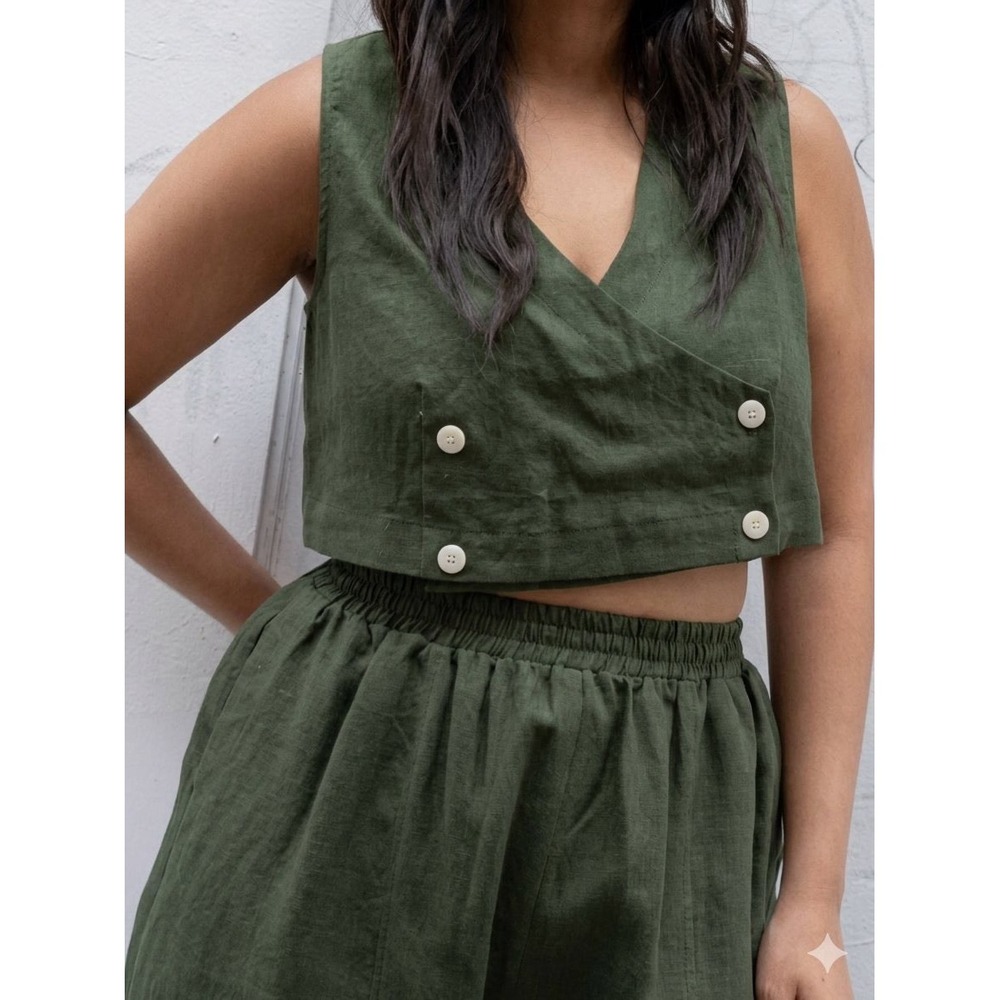 Ilana Kohn Green 100% Linen Made In USA Women M Vest Top Boho Classic